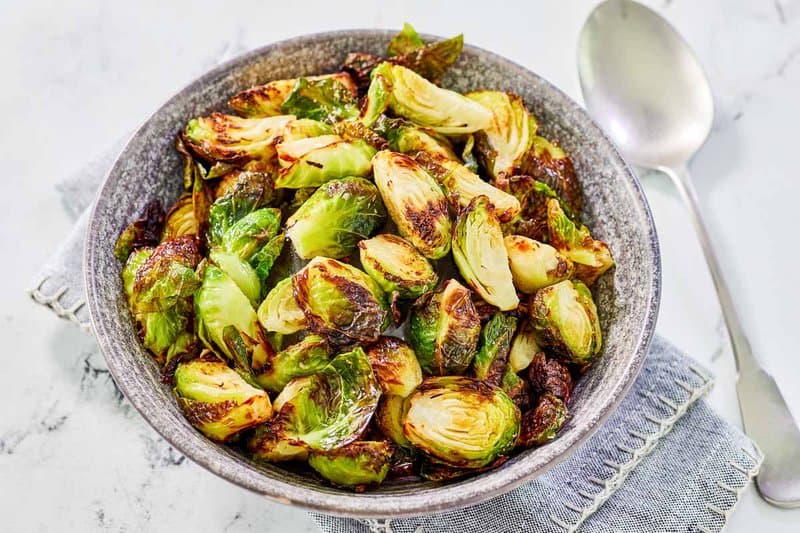 A bowl of air fryer Brussels sprouts.