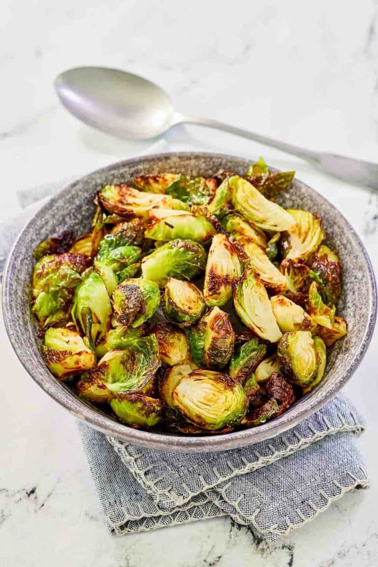 Air fryer Brussels sprouts in a bowl.