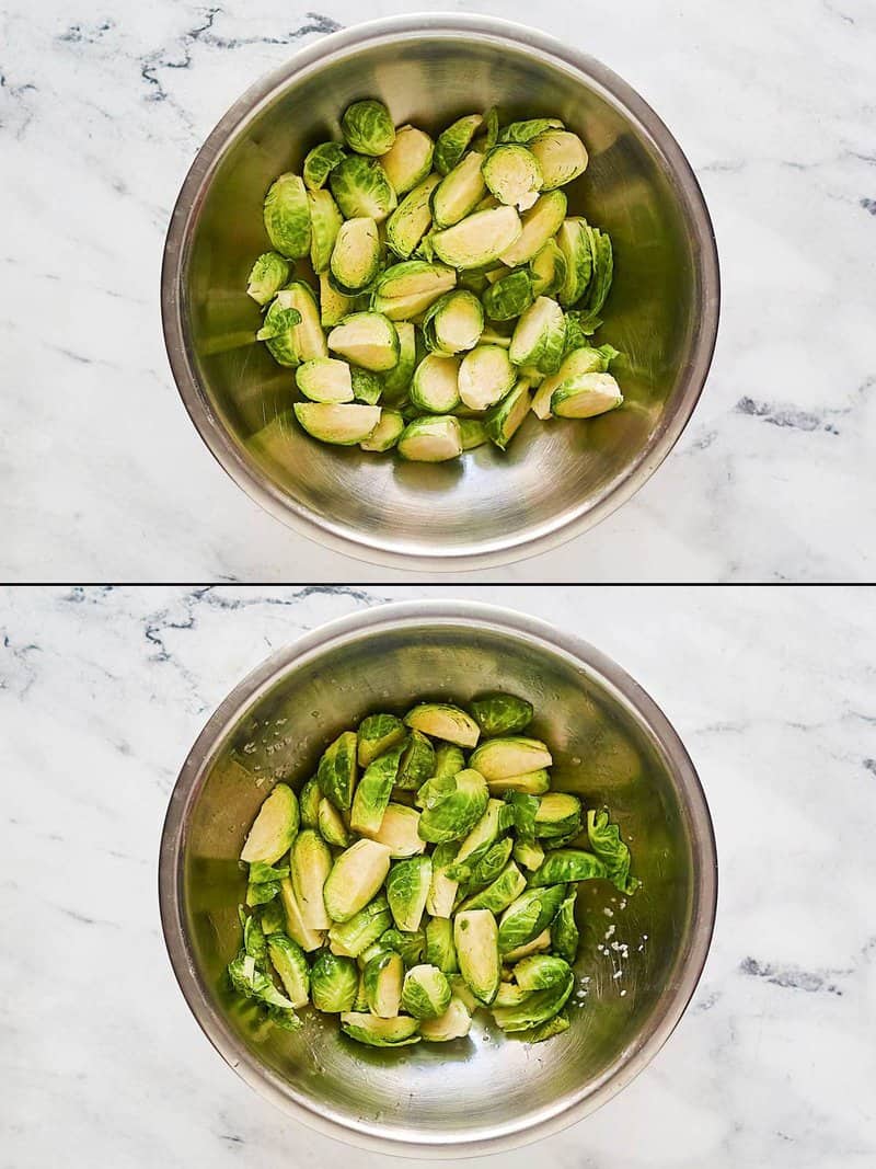 Collage of Brussels sprouts cut in half and seasoned.