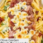 Olive Garden steak gorgonzola fettuccine alfredo on a large plate.
