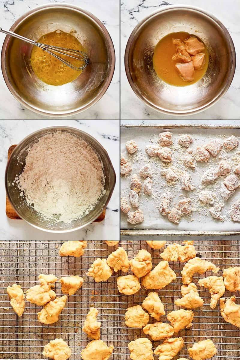 Breading and frying chicken pieces.