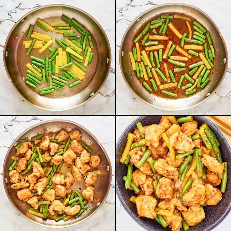 Collage of cooking vegetables and finishing Panda Express honey sesame chicken dish.