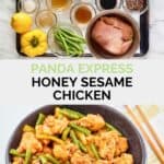 Copycat Panda Express honey sesame chicken ingredients and the finished dish.