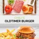 Copycat Chili's oldtimer burger with cheese ingredients and the burger with fries.