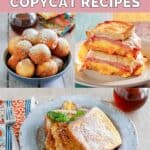 Copycat Denny's pancake puppies, breakfast sandwich, and French toast.