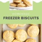Homemade freezer biscuits on a baking sheet.