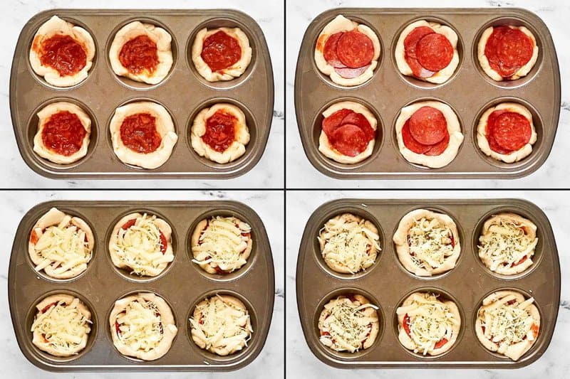 Filling pizza dough in a muffin pan with sauce, pepperoni, cheese, and seasonings.