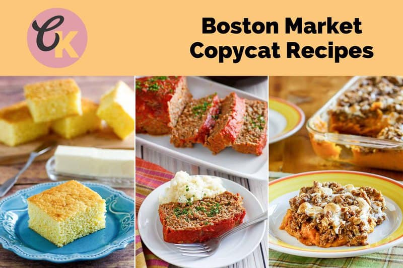 Copycat Boston Market cornbread, meatloaf, and sweet potato casserole.