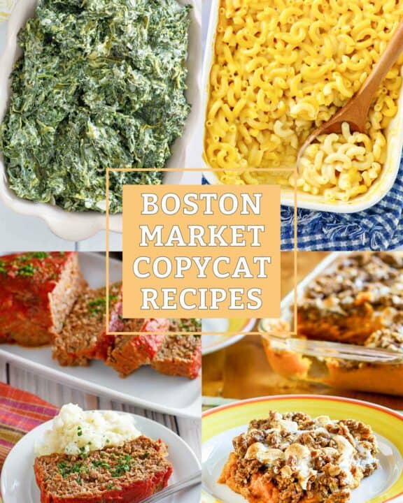 Copycat Boston Market creamed spinach, mac and cheese, meatloaf, and sweet potato casserole.