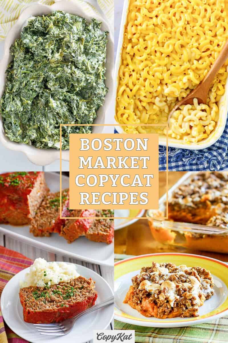 Copycat Boston Market creamed spinach, mac and cheese, meatloaf, and sweet potato casserole.