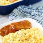 Homemade Boston Market mac and cheese and meatloaf slices on a square plate.