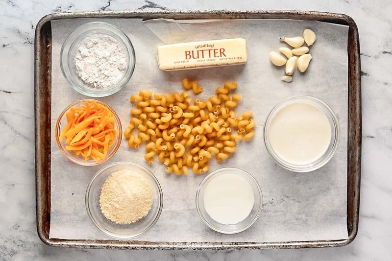 Copycat Costco mac and cheese ingredients on a tray.