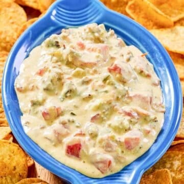 Rotel sausage cream cheese dip in a dish and tortilla chips around it.