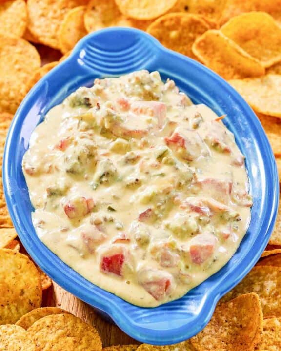 Rotel sausage cream cheese dip in a dish and tortilla chips around it.