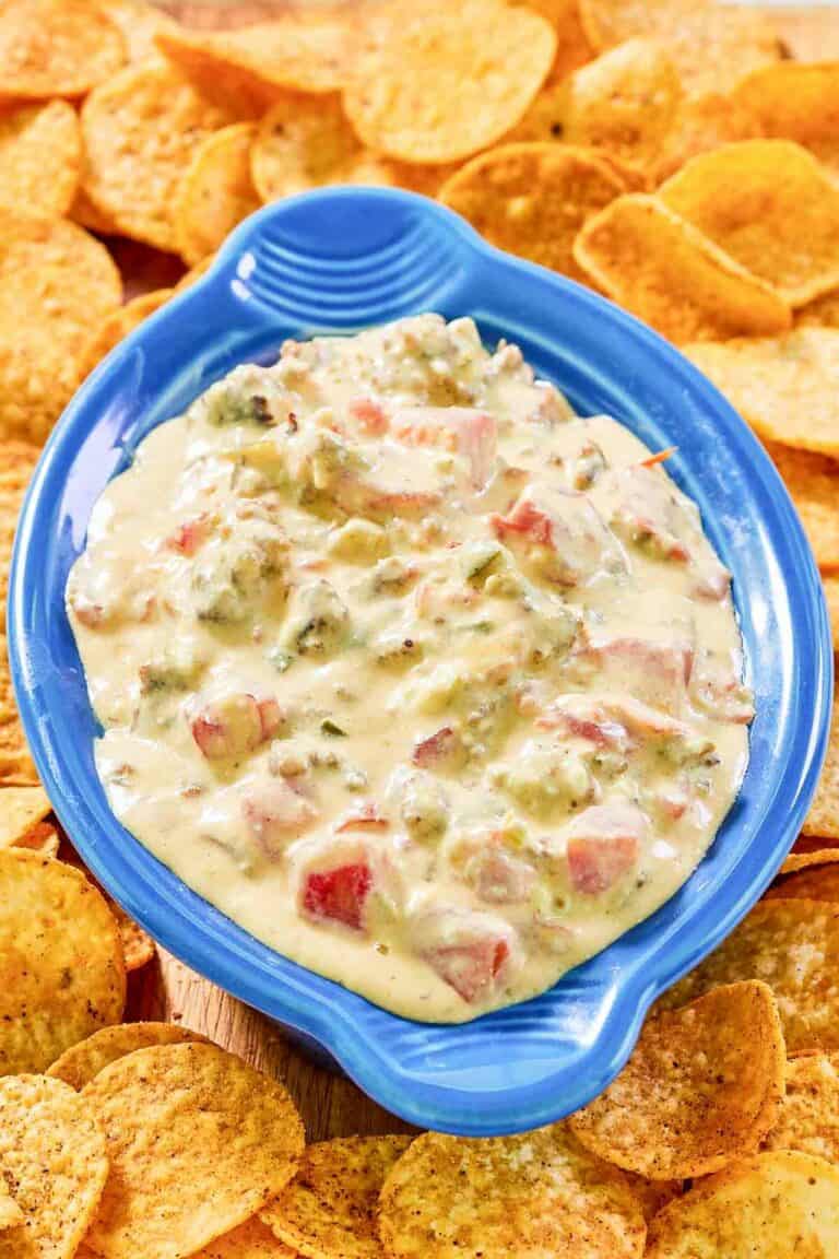 Rotel sausage cream cheese dip in a dish and tortilla chips around it.