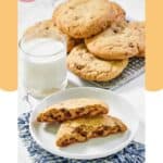 Homemade Crumbl chocolate chip cookies on a plate and wire rack.