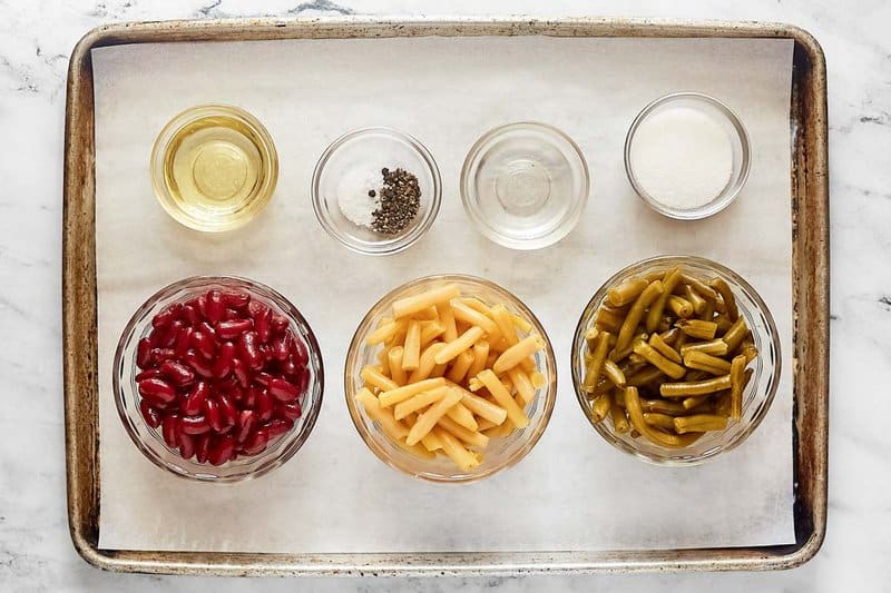 Grandma's three bean salad ingredients on a tray.