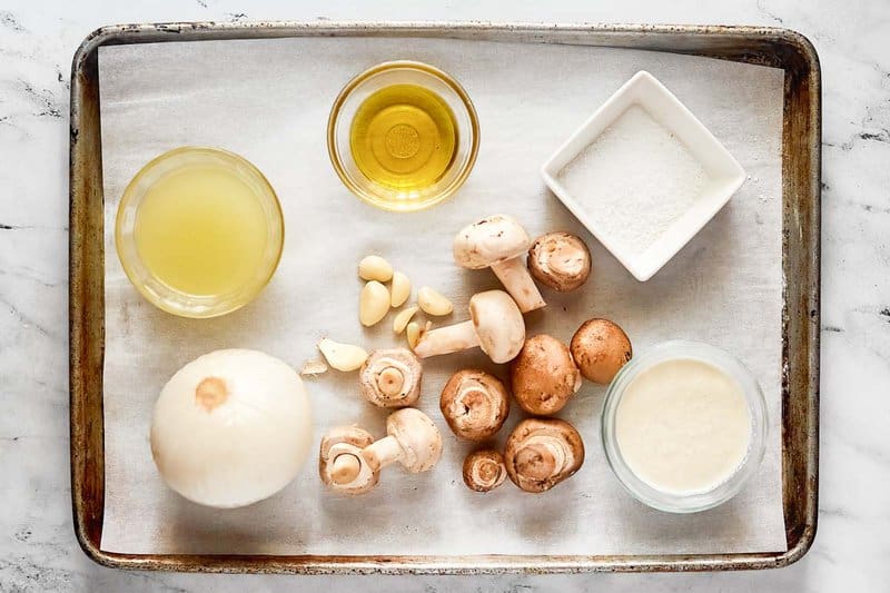 Copycat Longhorn Steakhouse mushroom bisque ingredients on a tray.