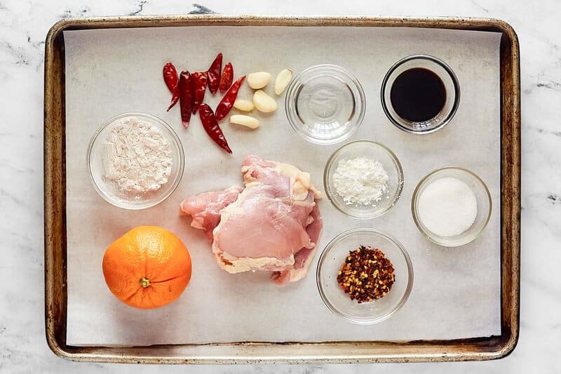 Copycat Panda Express hot orange chicken ingredients on a tray.