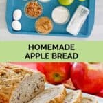 Homemade apple bread ingredients and the loaf on a platter.