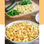 Homemade boston market squash casserole and squash on a cutting board.