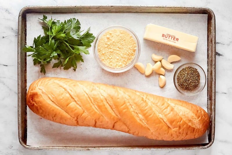 Copycat Brennan's garlic bread ingredients on a tray.