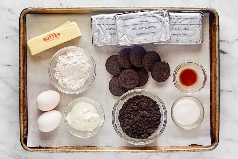 Copycat Cheesecake Factory Oreo cheesecake ingredients on a tray.