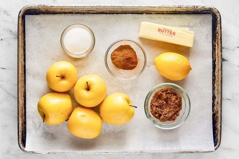 Copycat cracker barrel fried apples ingredients on a tray.