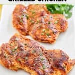 Homemade cracker barrel smoky southern grilled chicken breasts and fresh parsley.