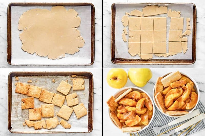 Pie crust dough rolled out, cut into squares, baked, and used for apple cobbler.