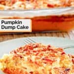 Pumpkin dump cake in a baking dish and a slice on a plate.