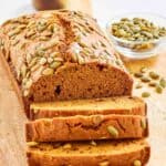 Sliced loaf of homemade starbucks pumpkin bread.