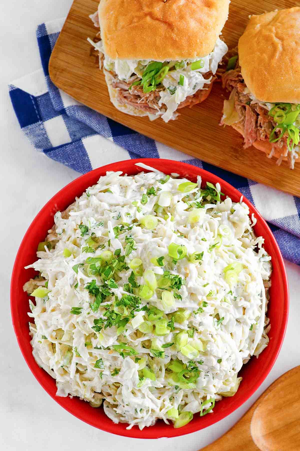 Cabbage slaw that's sweet, tangy, and creamy in a bowl.
