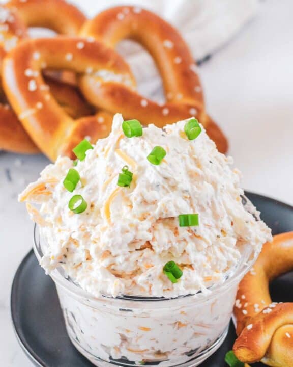 Cold beer cheese dip and soft pretzels behind it.