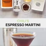 Copycat chili's espresso martini ingredients and the finished drink.