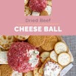 Dried beef cheese ball served with various crackers.