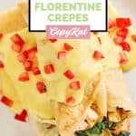 Homemade ihop chicken florentine crepes with hollandaise sauce garnished with tomatoes.