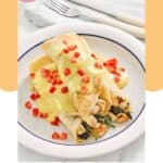 Three homemade ihop chicken florentine crepes on a plate.