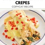 Three copycat IHOP chicken florentine crepes with hollandaise sauce and tomatoes on top.