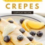 Three copycat ihop lemon ricotta crepes on a plate.