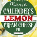 Copycat Marie Callender's lemon cream cheese pie whole and sliced.