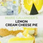 Copycat Marie Callender's lemon cream cheese pie ingredients and the pie.