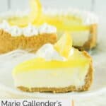 Homemade Marie Callender's lemon cream cheese pie slice on a plate and the pie behind it.