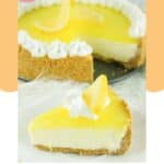 A slice of homemade Marie Callender's lemon cream cheese pie in front of the pie.