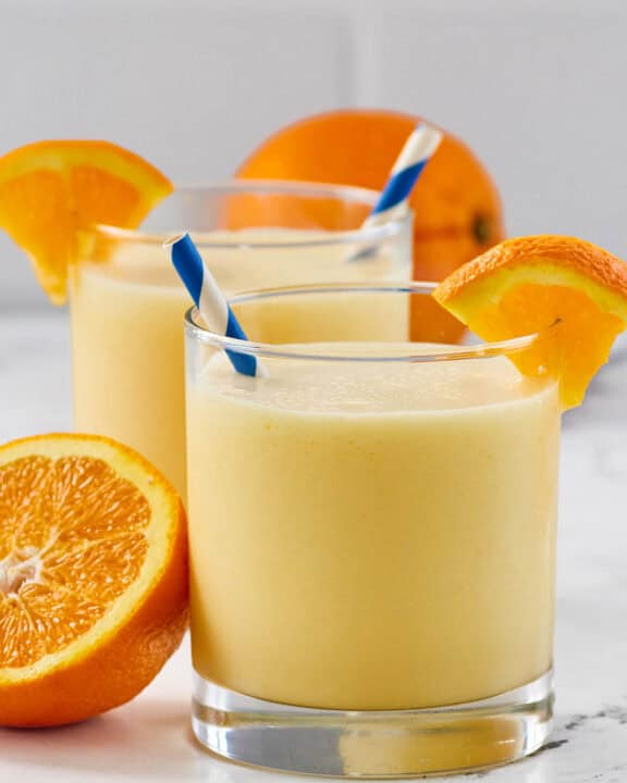 Copycat orange julius in two glasses.