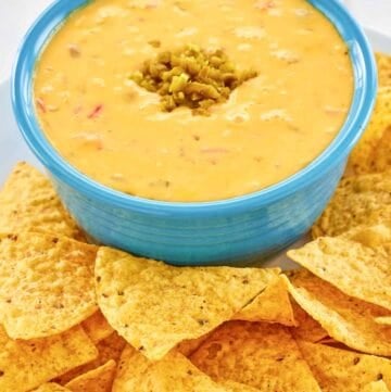 Copycat Pappasito's queso dip and tortilla chips next to it.