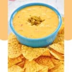 A bowl of homemade Pappasito's queso and corn tortilla chips.