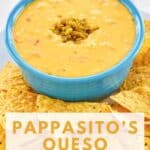 A bowl of homemade pappasito's queso dip and tortilla chips in front of it.