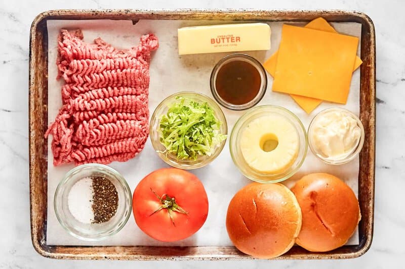 Copycat red robin banzai burger ingredients on a tray.