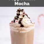 Homemade starbucks peppermint mocha drink in a glass.